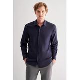 Lacivert Sert Yaka Uzun Kol Slim Fit Pamuklu Gömlek 1004255175