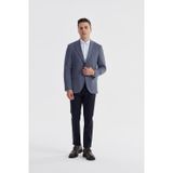 Lacivert Slim Fit Ekose Kareli Çift Yırtmaçlı Ceket