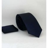 Lacivert Slim Fit (ince) Düz Renk Mendilli Saten Kravat - SS-24 SS-24-GF