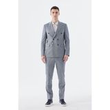 Lacivert Slim Fit Keten Karışımlı Kruvaze Takım Elbise - 56 - 6 Drop