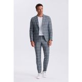 Lacivert Slim Fit Mono Yaka Kareli Torba Cepli %100 Keten Takım Elbise