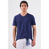 Lacivert V Yaka Pamuklu Düz Renk Slim Fit Erkek T-shirt - XL