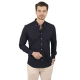 Lacivert Yaka Düğme Keten Slimfit Erkek Gömlek
