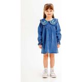 Lacivert Yakası Çiçek Nakışlı Uzun Kol Kız Çocuk Jean Elbise 20116 - 2 - 3 Yaş