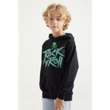 Lacivert Yazı Baskılı Kanguru Cepli Kapüşonlu Standart Kalıp Erkek Çocuk Sweatshirt - 11002