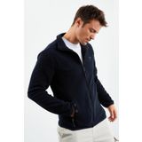 Lacivert Yazı Nakışlı Dik Yaka Fermuarlı Standart Kalıp Erkek Sweatshirt Polar - 87992 | S