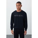 Lacivert Yazı Nakışlı O Yaka Rahat Form İçi Polarlı Erkek Sweatshirt - 88020