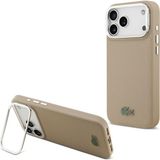 Lacoste İphone 17 Pro Max Kılıf Lisanslı M-Safeli Pu Pike Desenli Standlı Metal Logolu Kapak Bej