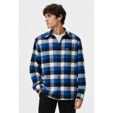 Lacoste Men's Loose Fit Button-Down Linen Shirt Rahat Kesim Pamuklu Kareli Erkek Gömlek Mavi