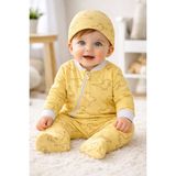 Ladora Tekstil %100 Pamuk Dinozor Desenli Unisex Bebek Fermuarlı Tulum - Sarı - 0 - 3 Ay