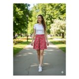 LADY HAZAL Kırmızı Bel Lastikli Çiçekli Kloş Etek Helen Kumaş Diz Boy Etek Ucu Dikişsiz