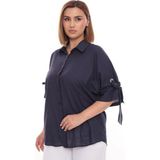 Lady Majestic %100 Cotton Büyük Beden Kadın Pamuklu Gömlek Rahat Kesim, Düğmeli, Volan Kol Detaylı - Lacivert - 52