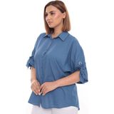 Lady Majestic %100 Cotton Büyük Beden Kadın Pamuklu Gömlek Rahat Kesim, Düğmeli, Volan Kol Detaylı - Mavi - 50