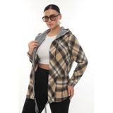 Lady Majestic Büyük Beden Rahat Kalıp Kapüşonlu Oduncu Kadın Gömlek Hırka - 52 - Bej