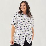 Lady Majestic Likralı Pamuk Poplin Beyaz Desenli Büyük Beden Gömlek - 48 - Mor