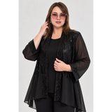 Lady Majestic SİYAH KADIN PAYETLİ-PULLU BÜYÜK BEDEN CEKET-ATLET ŞİFON ŞIK TAKIM