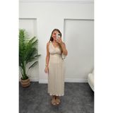 Lady Pixie Omuzları Düğümlü %100 Pamuk Keten Elbise Taş
