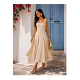 LADYA COLLECTION Bej Rengi Kare Yaka Prenses Kesim Pamuklu Midi Elbise