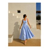 LADYA COLLECTION Mavi Beyaz Pötikareli Kare Yaka Prenses Dikişli Panelli Kloş Maxi Poplin Elbise