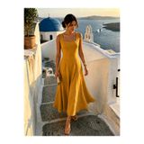 LADYA COLLECTION Sarı Keten Kare Yaka Panel Dikişli Midiboy Elbise