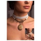 LADYMİRAGE KAPAKLI MADALYON GERÇEK DERİ BEYAZ CHOKER KOLYE