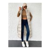 ladyzey kadın bej dik yaka cift cepli kuşaklı uzun şişme yelek