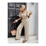 ladyzey kadın bej kare yaka balon kol crop bluz ve bol paça pantolon takımı
