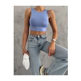 ladyzey kadın mavi bisiklet yaka önü çift katlı kolsuz crop bluz