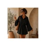 ladyzey kadın siyah gömlek yaka düğmeli kimono kol çift çepli mini elbise