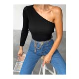 ladyzey Kadın Tek Omuz Kaşkorse Crop Siyah Bluz