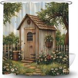 LAEDCIITI Outhouse Duş Perdesi Vintage Bahar Kır Çiçeği Bitki Rustik Çiftlik Evi Ahşap Arka Ev İlkel Kırsal Çim Avlu Çiçekli Yapraklar Ağaç Dalı Kumaş Banyo Perdesi Kancalı Set