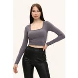 LAENT Kadın Antrasit Gri Kare Yaka Uzun Kollu Crop Bluz