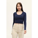 LAENT Kadın Indigo Mavi Bisiklet Yaka Uzun Kollu Crop Bluz