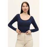 LAENT Kadın Indigo Mavi Havuz Yaka Uzun Kollu Crop Bluz