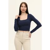 LAENT Kadın Indigo Mavi Kare Yaka Uzun Kollu Crop Bluz