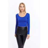 LAENT Kadın Saks Mavi Havuz Yaka Uzun Kollu Crop Bluz