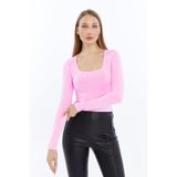 LAENT Kadın Şeker Pembe Kare Yaka Uzun Kollu Crop Bluz