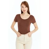 LAENT Kadın Soft Touch Kahverengi Havuz Yaka Kısa Kollu Bluz