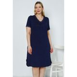 Lagertha By Intensive Puantiyeli Lacivert Dantelli Kısa Kollu Büyük Beden Esnek Viskon Gecelik - 5XL