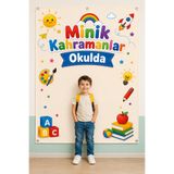 lagun reklam Okulda İlk Gün Fotoğraf Brandası 100x150 cm | Minik Kahramanlar Okulda | Anaokulu Kreş Fotoğraf Çekim Panosu | Vinil Branda