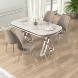 Lai Serisi 90X168 Lak Panel Beyaz Mermer Desen Masa ve 4 Cappucino Sandalye Krom Ayak