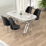 Lai Serisi 90X168 Lak Panel Beyaz Mermer Desen Masa ve 4 Siyah Sandalye Krom Ayak