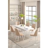 Lajibu Rex Serisi Beyaz 80X130 Açılır Yemek Masası , Yemek Masa Takımı Metal Ayaklı 6 Cappucino Sandalye
