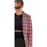 Lakshmı Dik Yaka Blazer Ceket - Ekose - Kırmızı - Beyaz - 34
