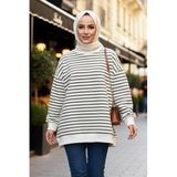Lale Butik Kadın Bisiklet Yaka Çizgili Basic Uzun Kol Sweatshirt, Haki Yeşil