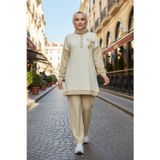 Lale Butik Kadın Boncuk İşleme Detay Simli Örme Kumaş Tunik Pantolon Takım 7323 Krem