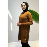Lale Butik Kadın Düğme Detay Triko Tunik, Kiremit, Beden 2