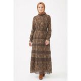Lale Butik Levidor Kemer ve Boncuk Detay Etnik Desenli Elbise 330341 Kahverengi - 40