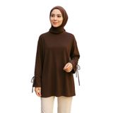 Lale Butik Manşeti ve Beli Bağcık Detay Sweat Tunik, Kahverengi, Kadın