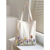 Lale Tasarım Çiçekli Kanvas Rips Kalın Tote Bag Bez Çanta, Pinterest Çanta, Kitap Çantası, Tulip - 10D-Krem